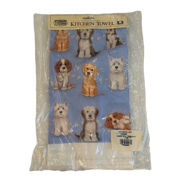 Fiddlers Elbow Dog Puppies Portraits Flowers Blue Kitchen Dish Towel Vtg NEW - Picture 1 of 4